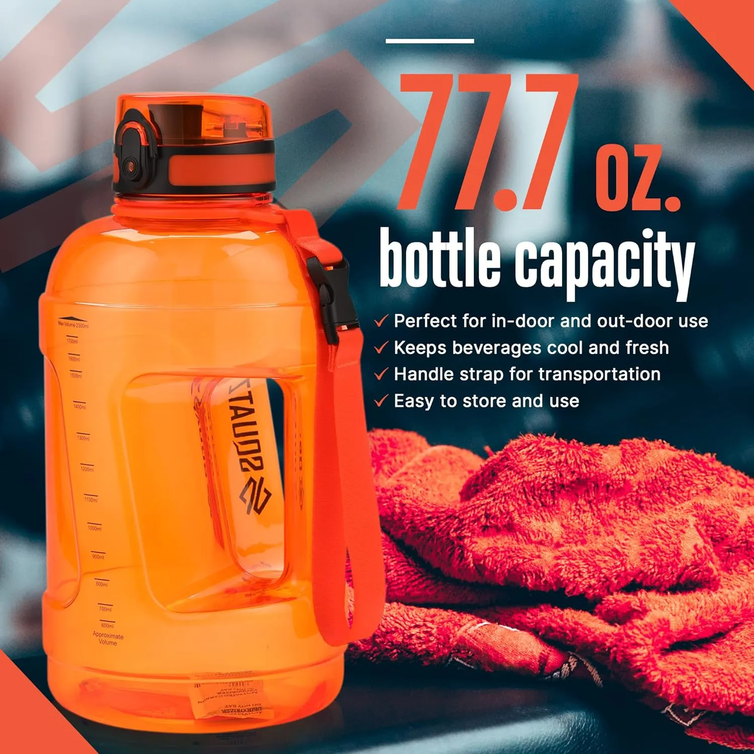 SQUATZ 78 Oz Poseidon Series Sports Water Bottle - Premium Quality Big Volume Wide Mouth protein Shake Gym Flask, Fixed Buckle Carrying Strap, Leak Resistance, Zero Condensation Sleeve