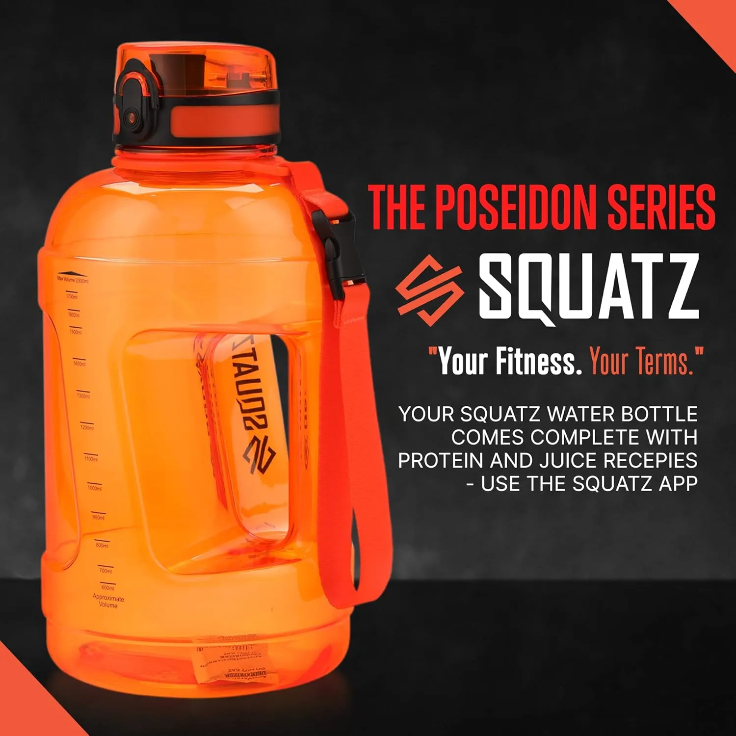 SQUATZ 78 Oz Poseidon Series Sports Water Bottle - Premium Quality Big Volume Wide Mouth protein Shake Gym Flask, Fixed Buckle Carrying Strap, Leak Resistance, Zero Condensation Sleeve