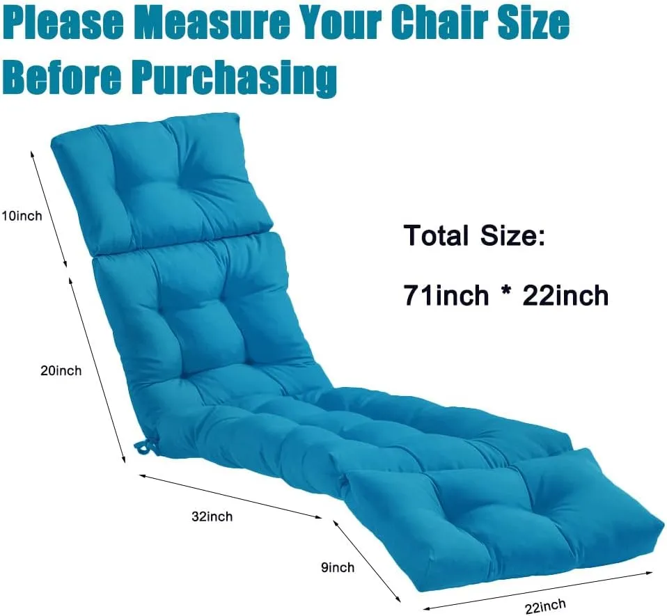 Srutirbo Waterproof Chaise Lounge Chair Cushions Long Bench Cushion for Outdoor Furniture, All Weather Replacement Indoor Outdoor Padded Recliner Chair Cushion with String Ties (Blue)