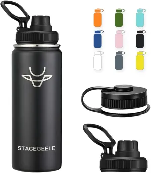 STACEGEELE Insulated Vacuum Water Bottle with Spout Lid & Screw on Top | Stainless Steel Flask for Kids Leak Proof Lightweight Eco Friendly 18oz / 24oz / 32 oz / 40oz(18oz Black)