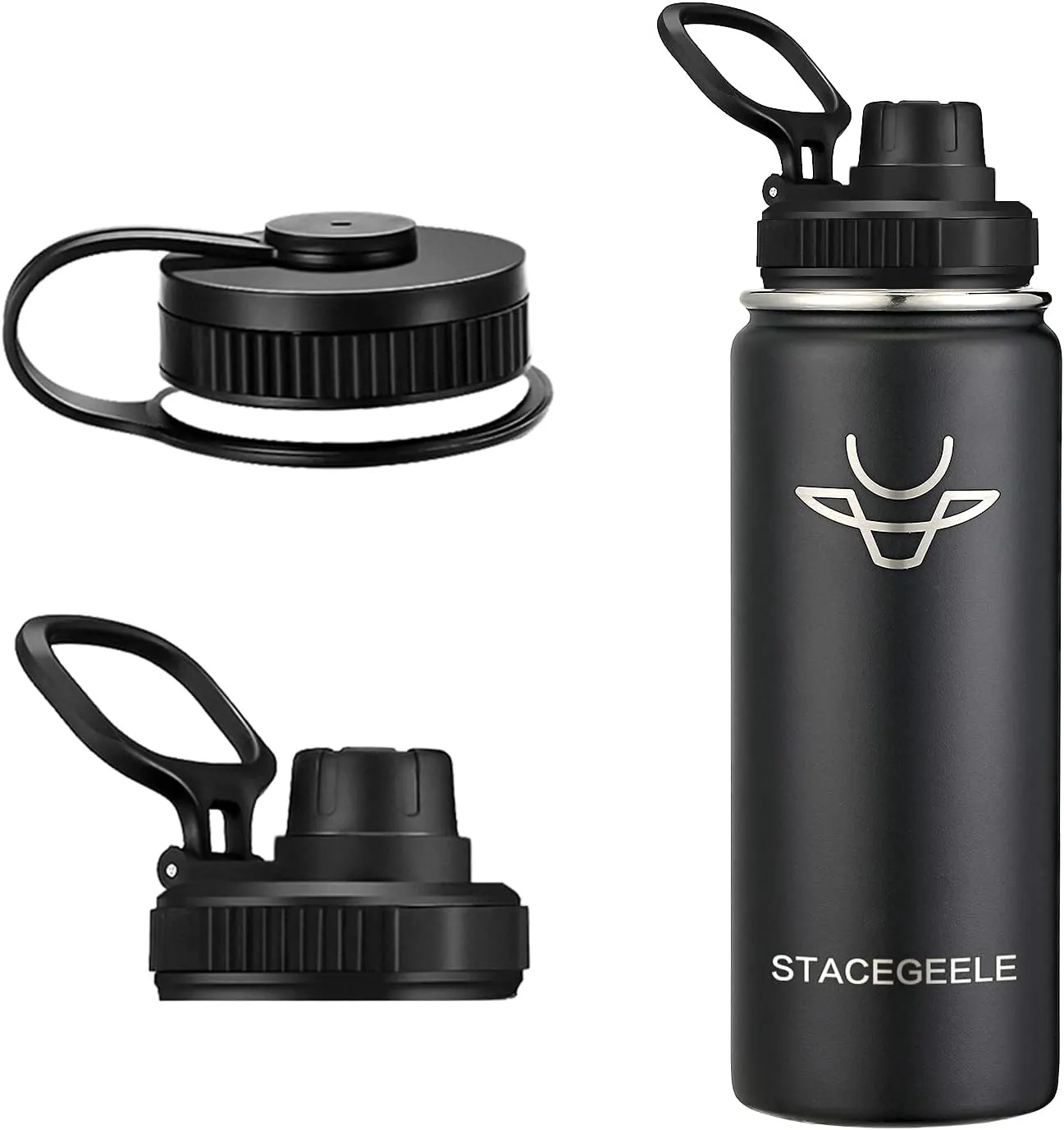STACEGEELE Insulated Vacuum Water Bottle with Spout Lid & Screw on Top | Stainless Steel Flask for Kids Leak Proof Lightweight Eco Friendly 18oz / 24oz / 32 oz / 40oz(18oz Black)