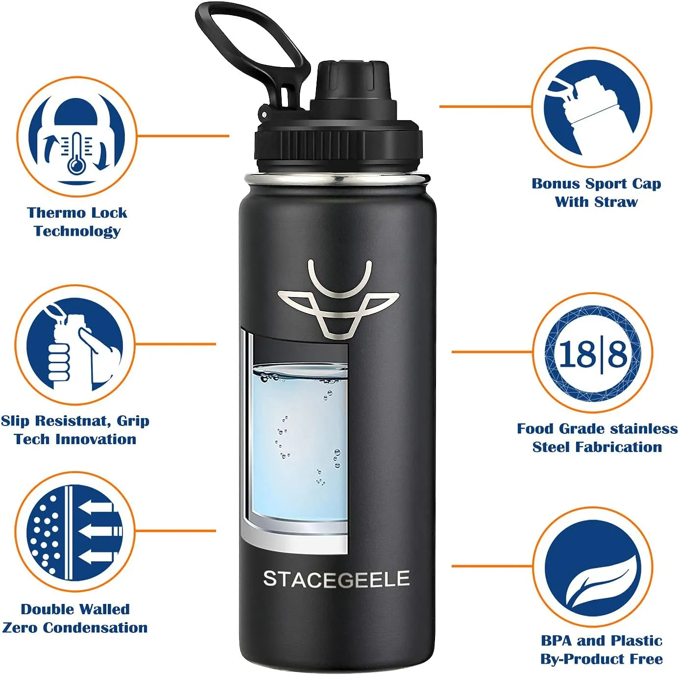 STACEGEELE Insulated Vacuum Water Bottle with Spout Lid & Screw on Top | Stainless Steel Flask for Kids Leak Proof Lightweight Eco Friendly 18oz / 24oz / 32 oz / 40oz(18oz Black)