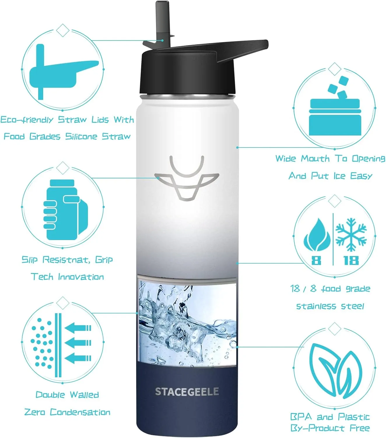 STACEGEELE Insulated Vacuum Water Bottle with Spout Lid & Screw on Top | Stainless Steel Flask For Kids Leak Proof Lightweight Eco Friendly 18oz / 24oz / 32 oz / 40oz(24oz Dark)