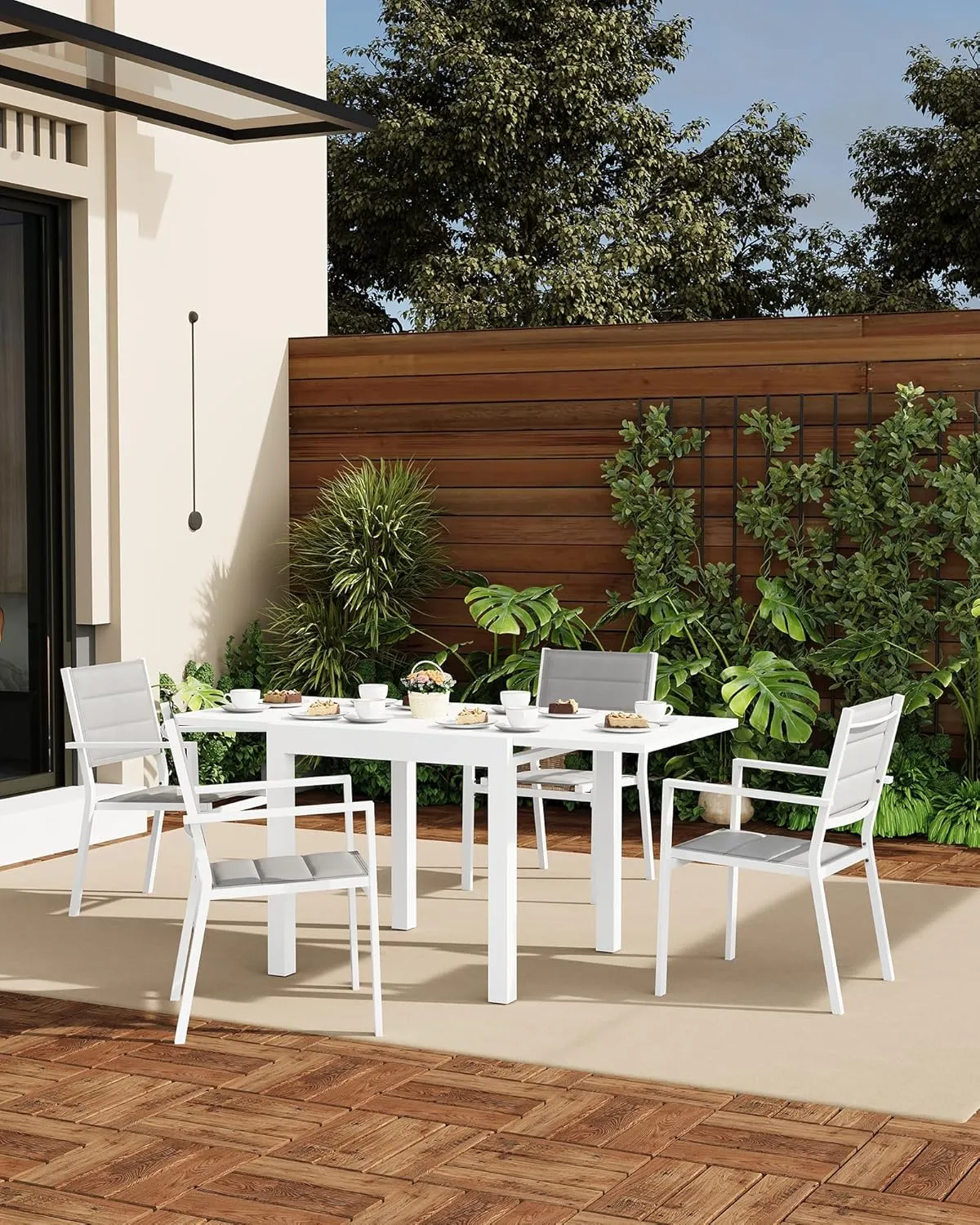 Stackable Patio Chairs Set of 4, Outdoor Aluminum Dining Chairs with Armrest 300 Lbs Weight Capacity, Outdoor Patio Furniture Wider Seat for Balcony, Garden, Backyard, White