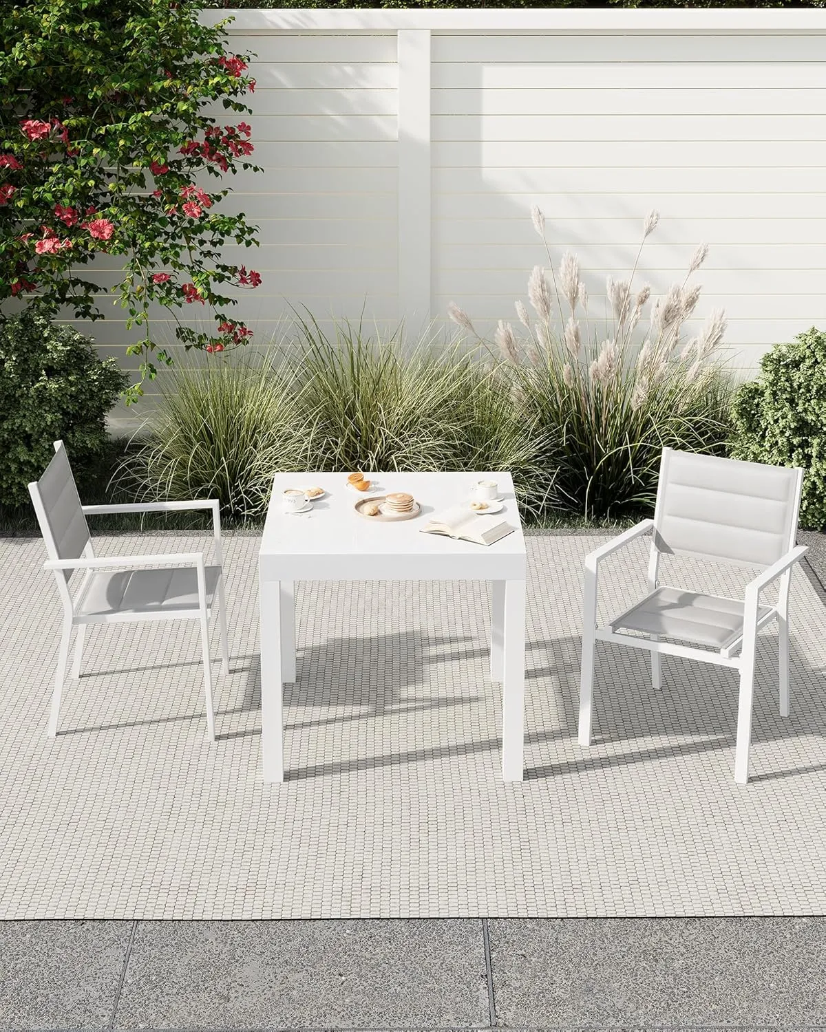 Stackable Patio Chairs Set of 4, Outdoor Aluminum Dining Chairs with Armrest 300 Lbs Weight Capacity, Outdoor Patio Furniture Wider Seat for Balcony, Garden, Backyard, White