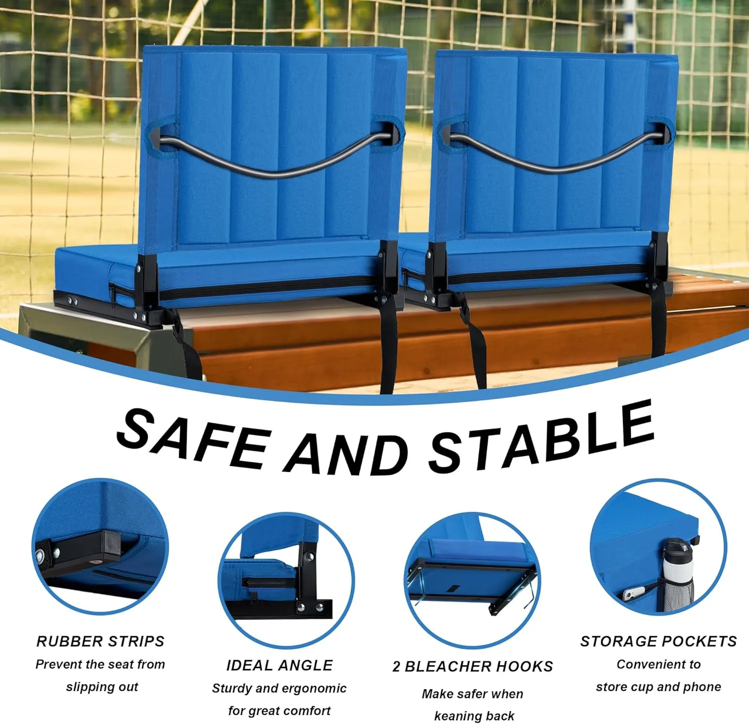 Stadium Seat for Bleachers with Back Support and Cushion, Bleacher Seats with Shoulder Strap and Cup Holder, Padded Portable Folding Comfort Stadium Chair, for Sports Events, Blue (2pcs)