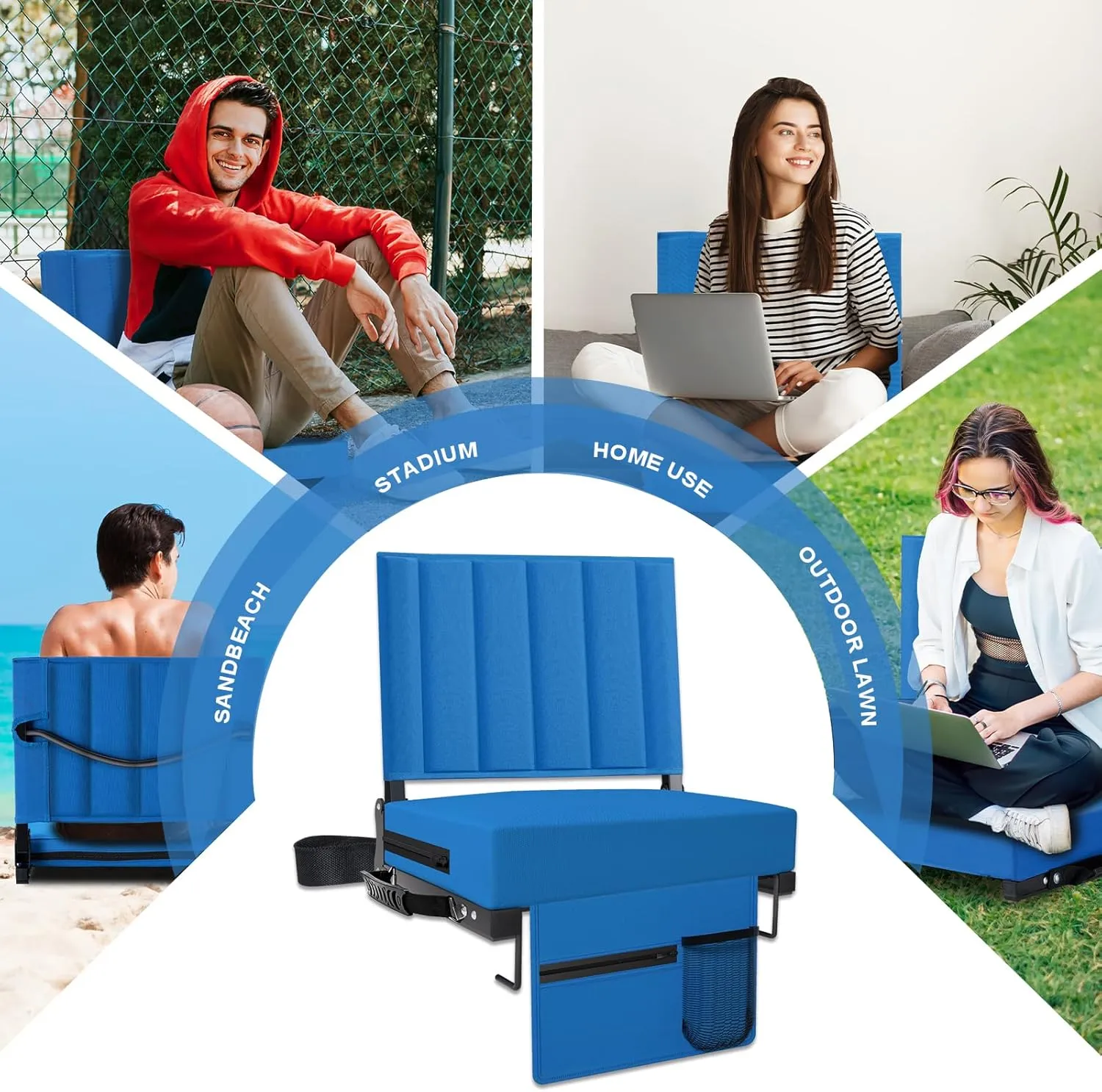 Stadium Seat for Bleachers with Back Support and Cushion, Bleacher Seats with Shoulder Strap and Cup Holder, Padded Portable Folding Comfort Stadium Chair, for Sports Events, Blue (2pcs)