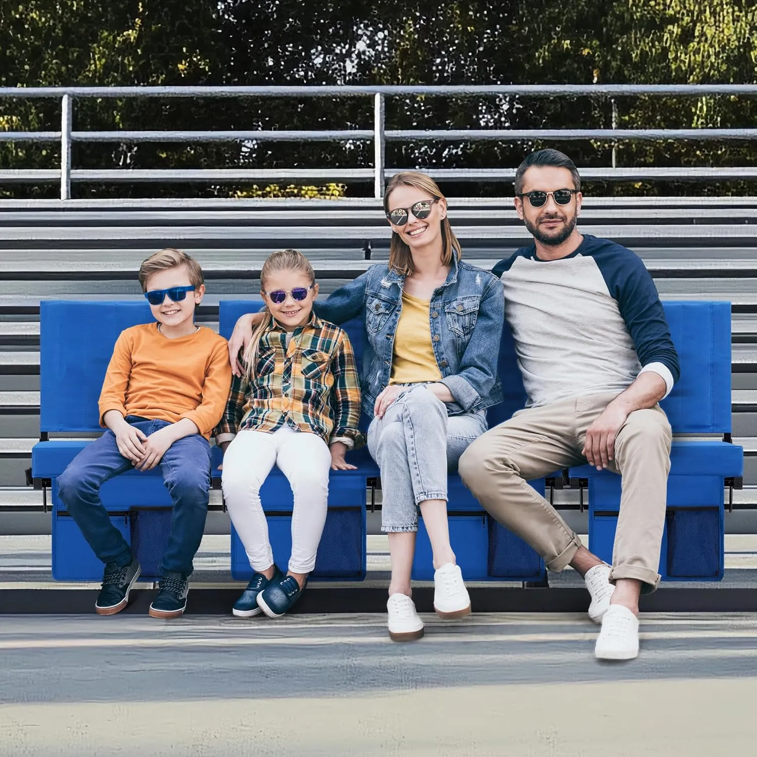 Stadium Seat for Bleachers with Back Support and Cushion, Bleacher Seats with Shoulder Strap and Cup Holder, Padded Portable Folding Comfort Stadium Chair, for Sports Events, Blue (2pcs)