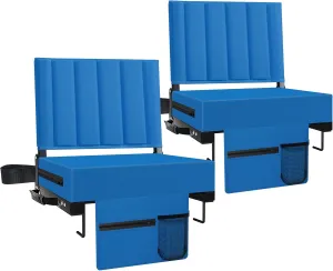 Stadium Seat for Bleachers with Back Support and Cushion, Bleacher Seats with Shoulder Strap and Cup Holder, Padded Portable Folding Comfort Stadium Chair, for Sports Events, Blue (2pcs)