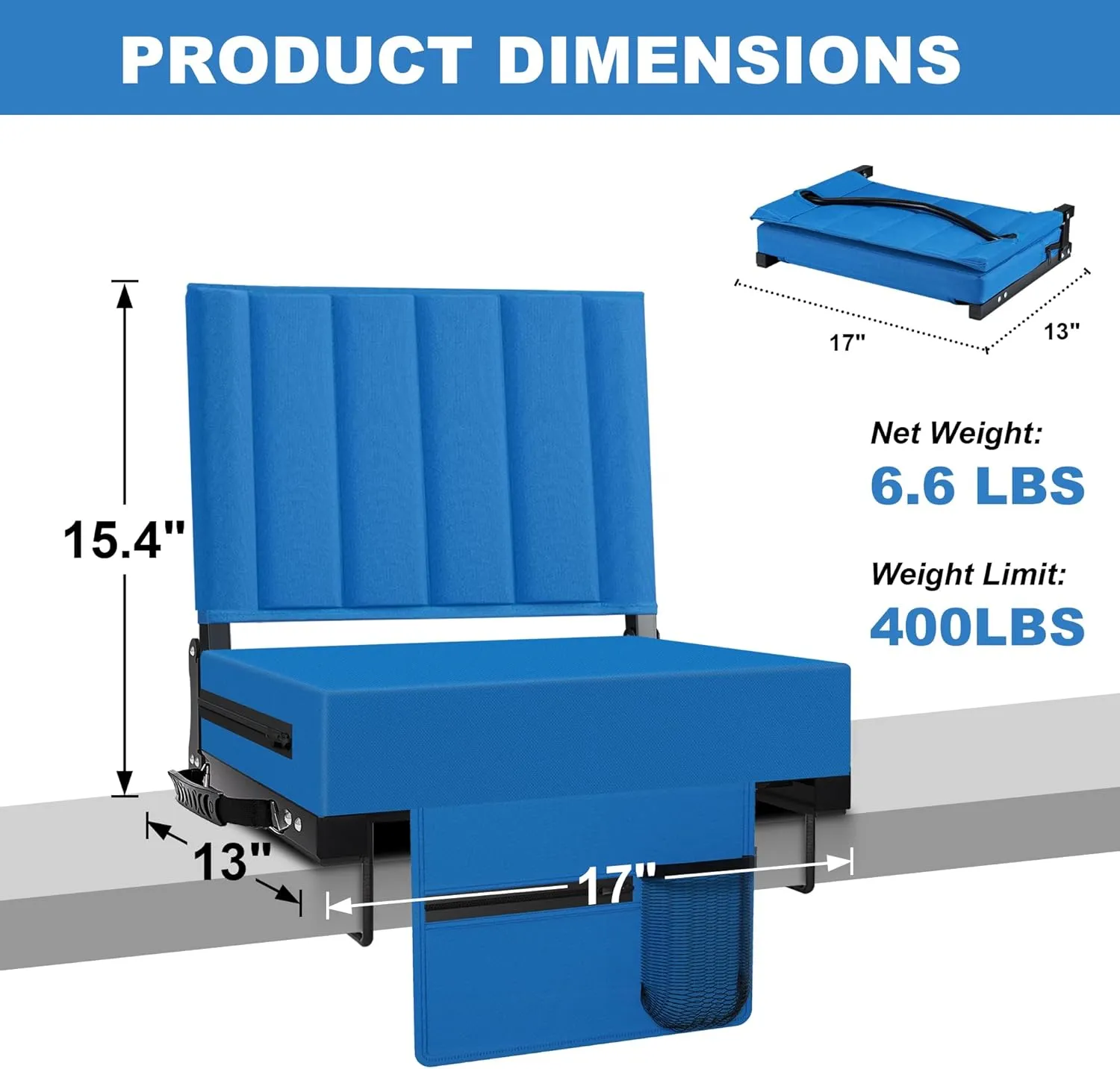 Stadium Seat for Bleachers with Back Support and Cushion, Bleacher Seats with Shoulder Strap and Cup Holder, Padded Portable Folding Comfort Stadium Chair, for Sports Events, Blue (2pcs)