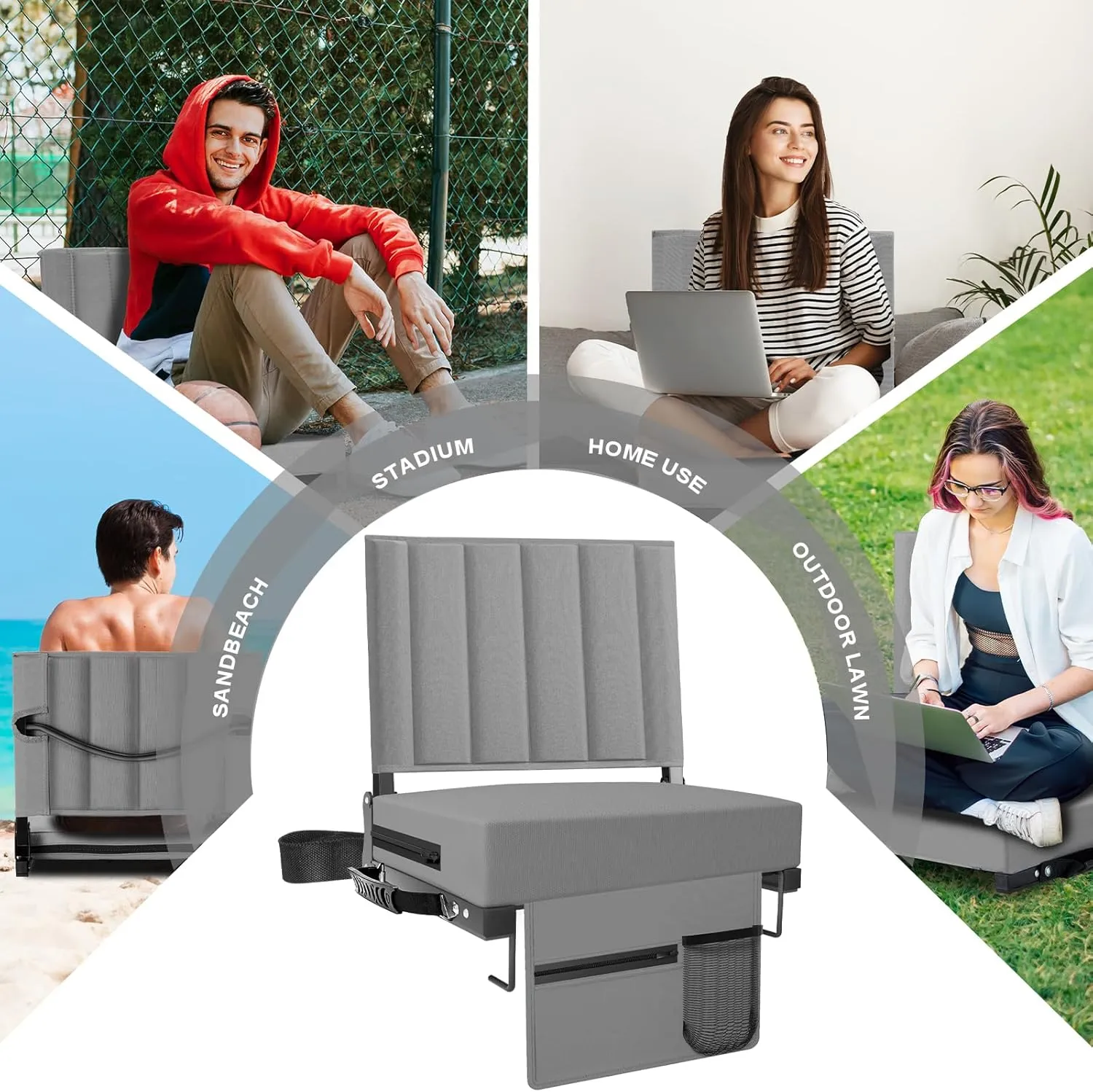 Stadium Seat for Bleachers with Back Support and Cushion, Bleacher Seats with Shoulder Strap and Cup Holder, Padded Portable Folding Comfort Stadium Chair, for Sports Events, Grey (2pcs)