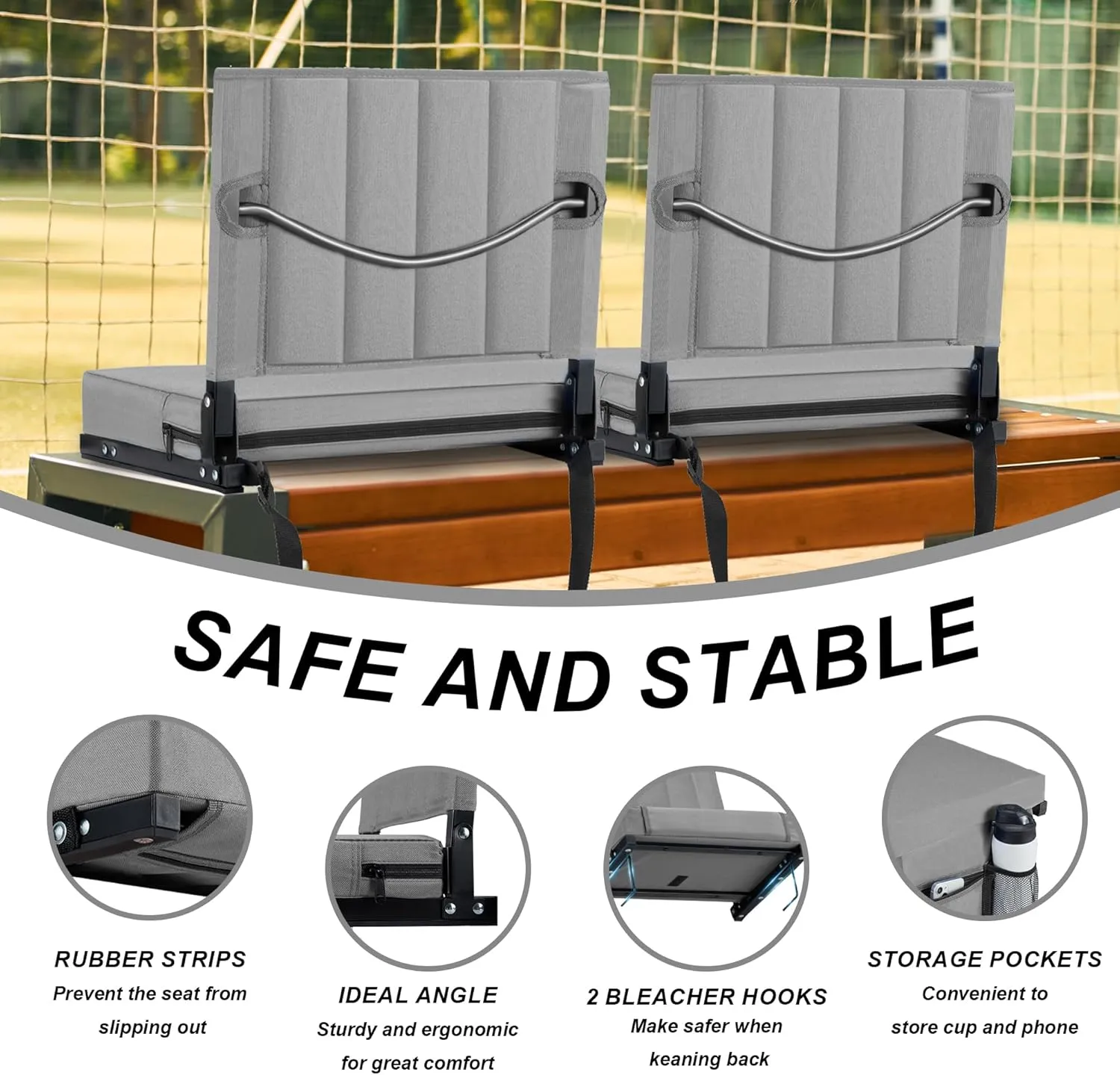 Stadium Seat for Bleachers with Back Support and Cushion, Bleacher Seats with Shoulder Strap and Cup Holder, Padded Portable Folding Comfort Stadium Chair, for Sports Events, Grey (2pcs)