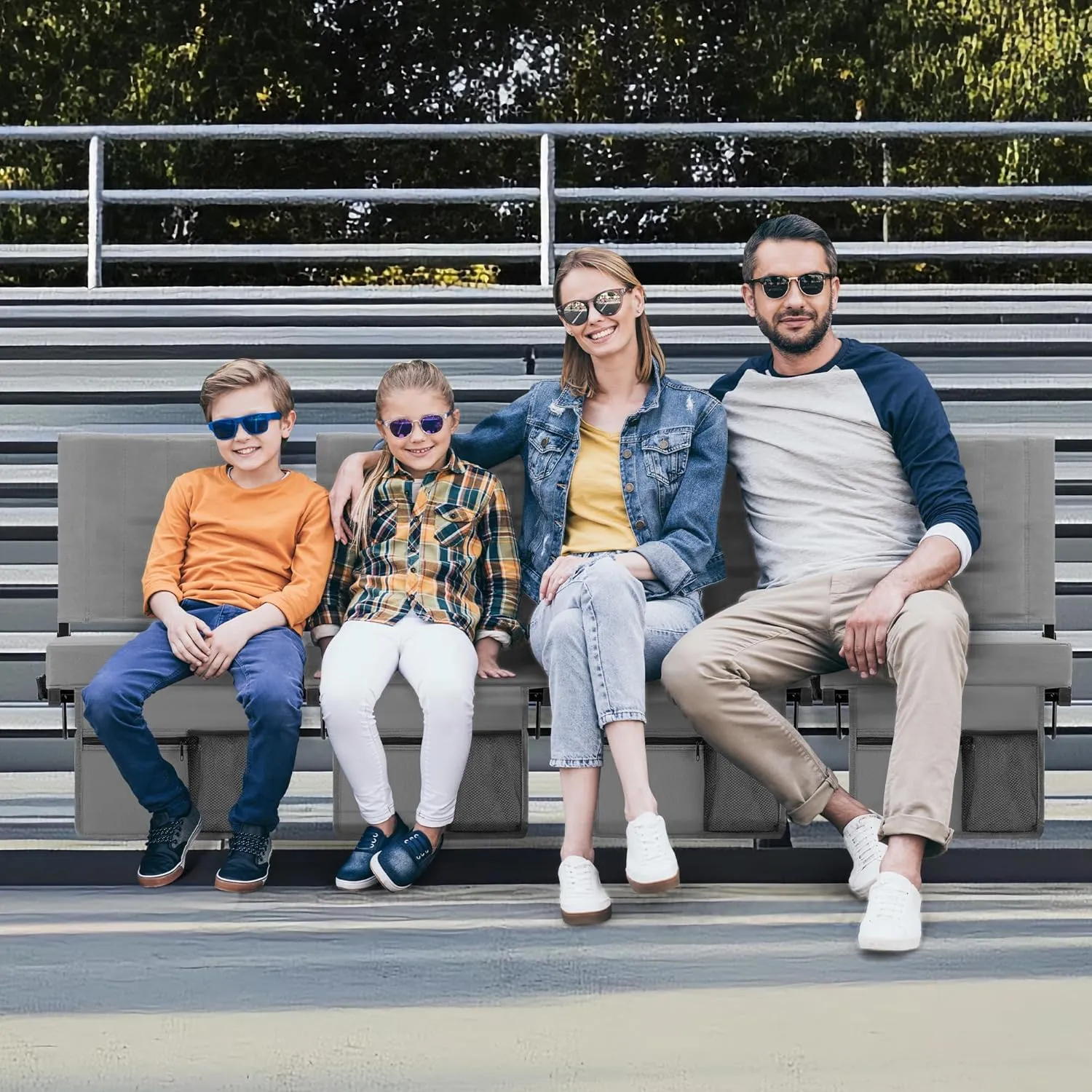 Stadium Seat for Bleachers with Back Support and Cushion, Bleacher Seats with Shoulder Strap and Cup Holder, Padded Portable Folding Comfort Stadium Chair, for Sports Events, Grey (2pcs)