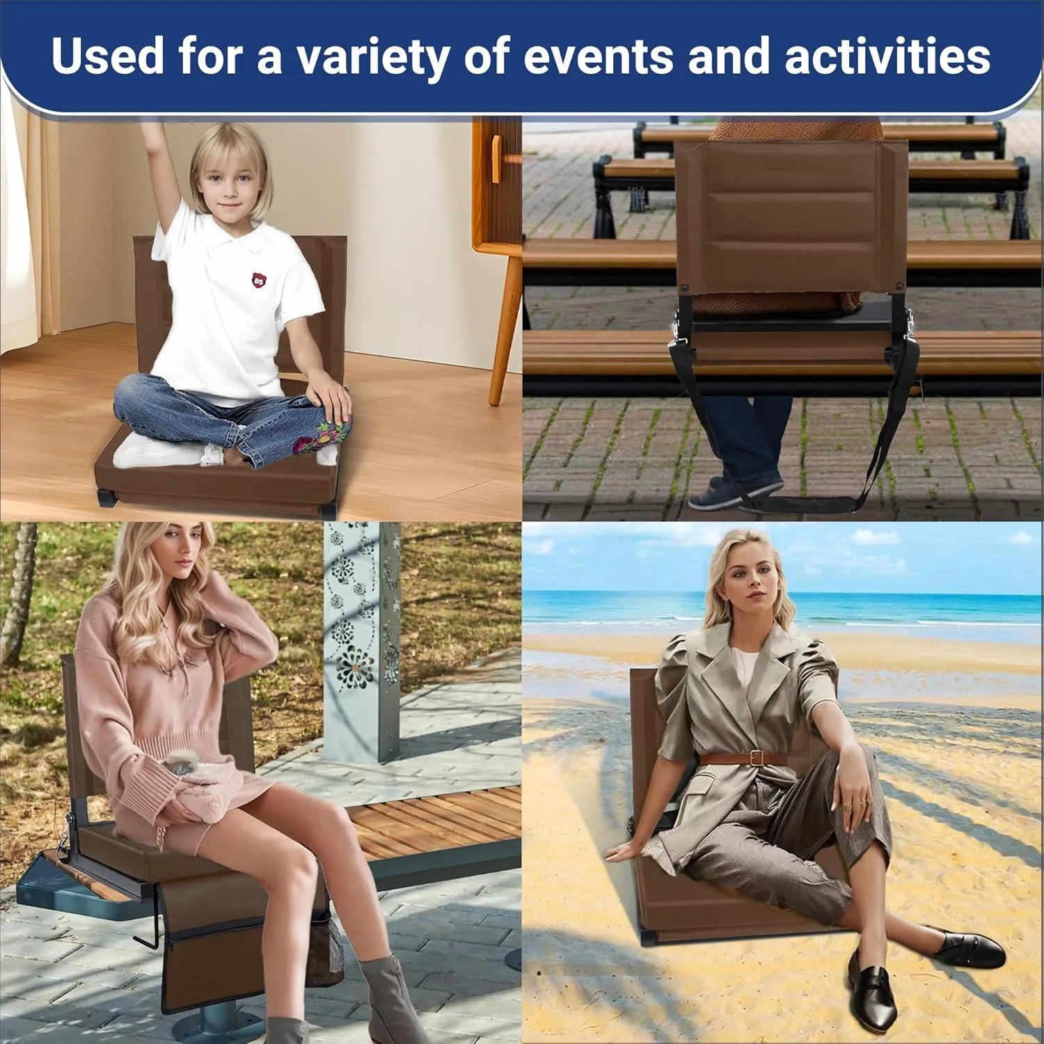 Stadium Seats for Bleachers with Back Support, Portable Bleacher Seats with Thick Padded Cushion and Shoulder Strap, Wide Stadium Seat Chair Includes Hooks, Cup Holder and Side Pocket