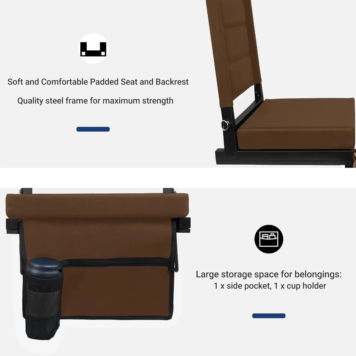 Stadium Seats for Bleachers with Back Support, Portable Bleacher Seats with Thick Padded Cushion and Shoulder Strap, Wide Stadium Seat Chair Includes Hooks, Cup Holder and Side Pocket