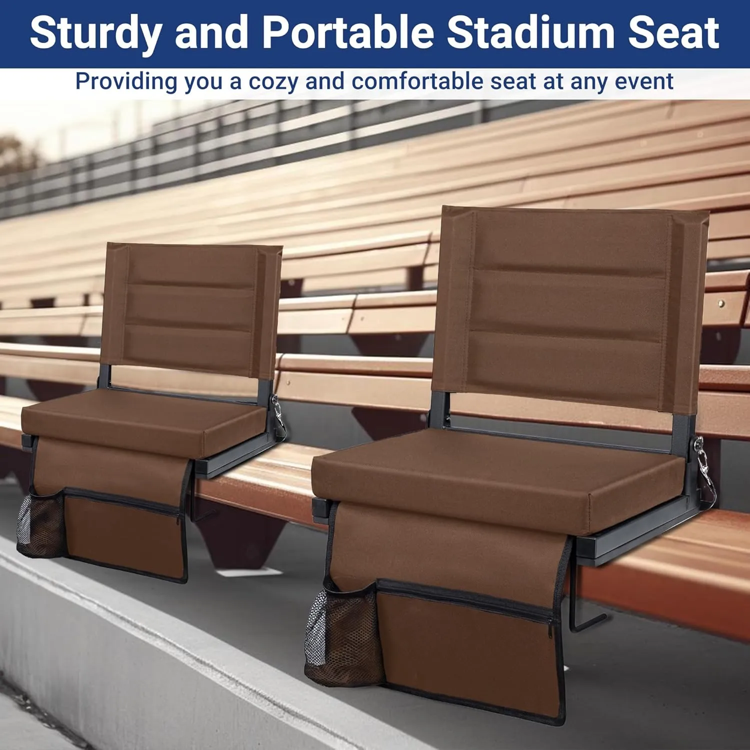 Stadium Seats for Bleachers with Back Support, Portable Bleacher Seats with Thick Padded Cushion and Shoulder Strap, Wide Stadium Seat Chair Includes Hooks, Cup Holder and Side Pocket