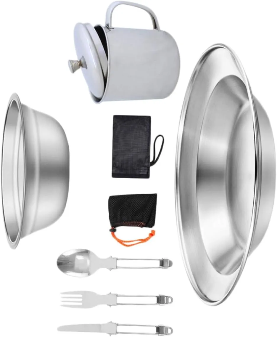 Stainless Steel Camping Cookware Portable Cooking Pan and Cup for Outdoor Picnic Hiking BBQ Durable Easy