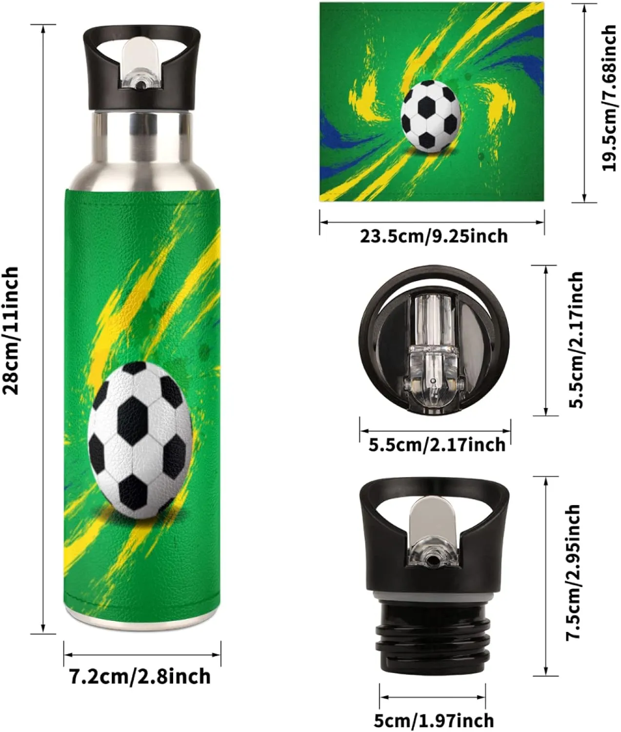 Stainless Steel Sports Water Bottle with Straw, 20 oz Vacuum Insulated Cup, Keeps Hot Cold Canteen Water Bottles For Cycling Travel Hiking (soccer)