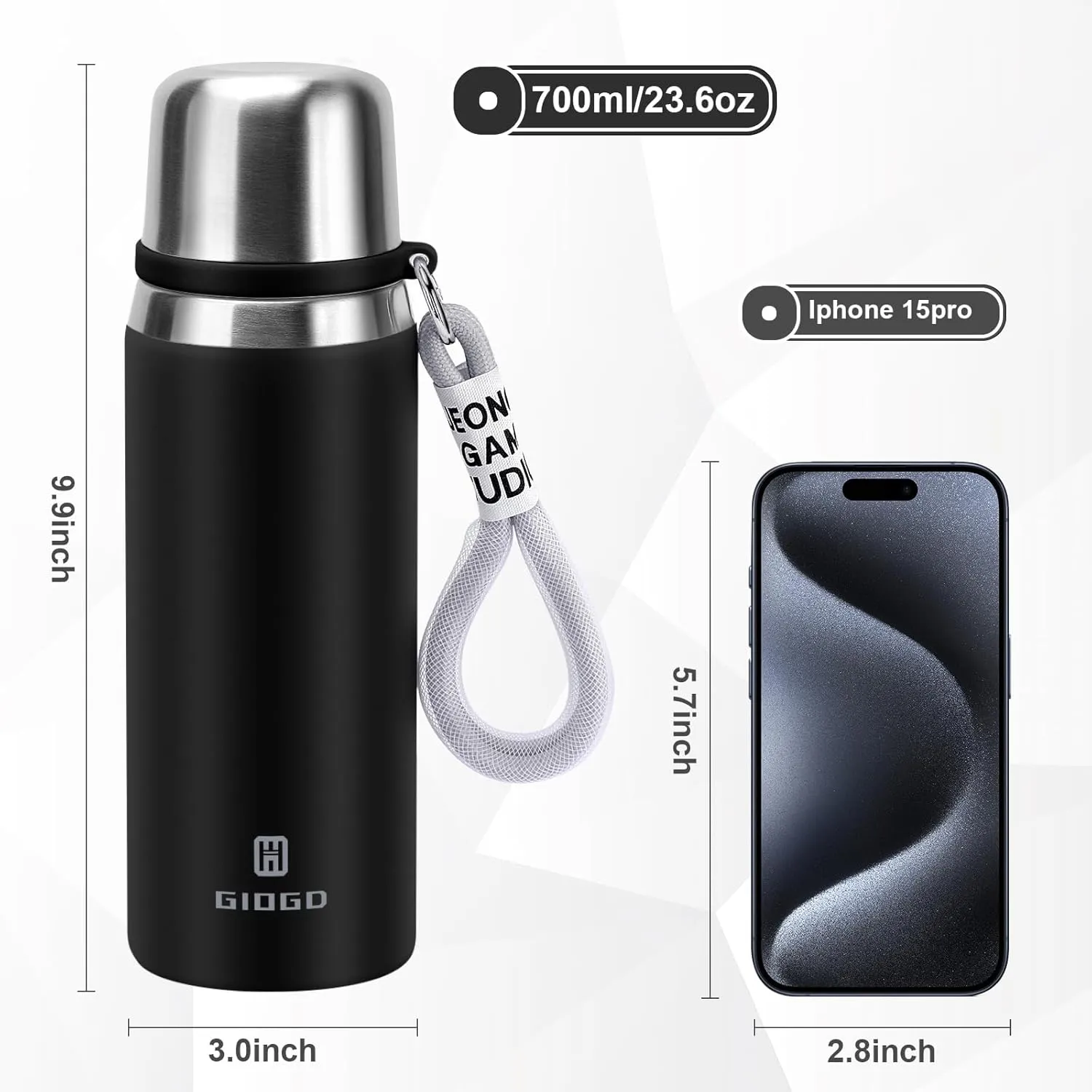 Stainless Steel thermo Bottles with cup 700ml/23.7oz Vacuum Insulated Bottle for hot and cold coffee drink water thermo flask with cup.(Black,700ml)