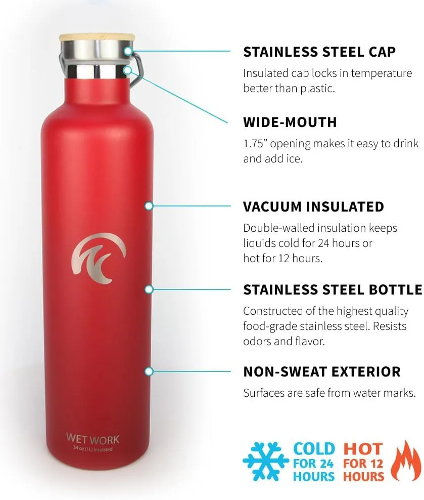 Stainless Steel Water Bottle for Hot and Cold Drinks - Double Wall Insulated Thermos for Water, Soda, Coffee, Tea with Wide Mouth, Metal Handle, Bamboo Top - Great for Travel, Hiking, Camping
