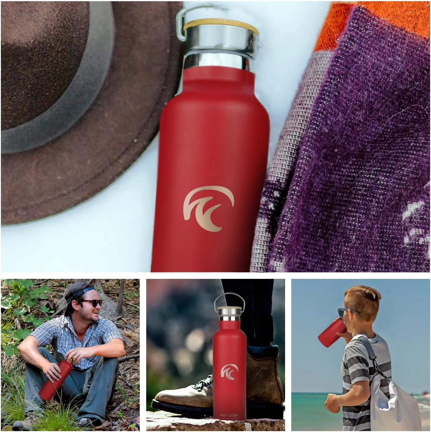Stainless Steel Water Bottle for Hot and Cold Drinks - Double Wall Insulated Thermos for Water, Soda, Coffee, Tea with Wide Mouth, Metal Handle, Bamboo Top - Great for Travel, Hiking, Camping