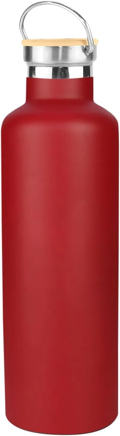 Stainless Steel Water Bottle for Hot and Cold Drinks - Double Wall Insulated Thermos for Water, Soda, Coffee, Tea with Wide Mouth, Metal Handle, Bamboo Top - Great for Travel, Hiking, Camping