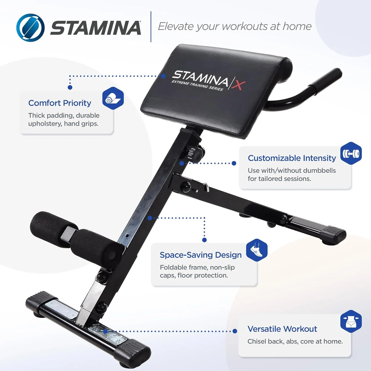 Stamina X Adjustable Ab, Back, and Core Strength Exercise, Sit-Up Fitness Hyperextension Weight Bench for At-Home Workouts