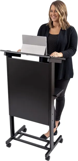 Stand Up Desk Store Mobile Adjustable Height Rolling Lectern Podium with Heavy Duty Steel Frame (Black Frame/Black Shelves, 25.5" Wide)