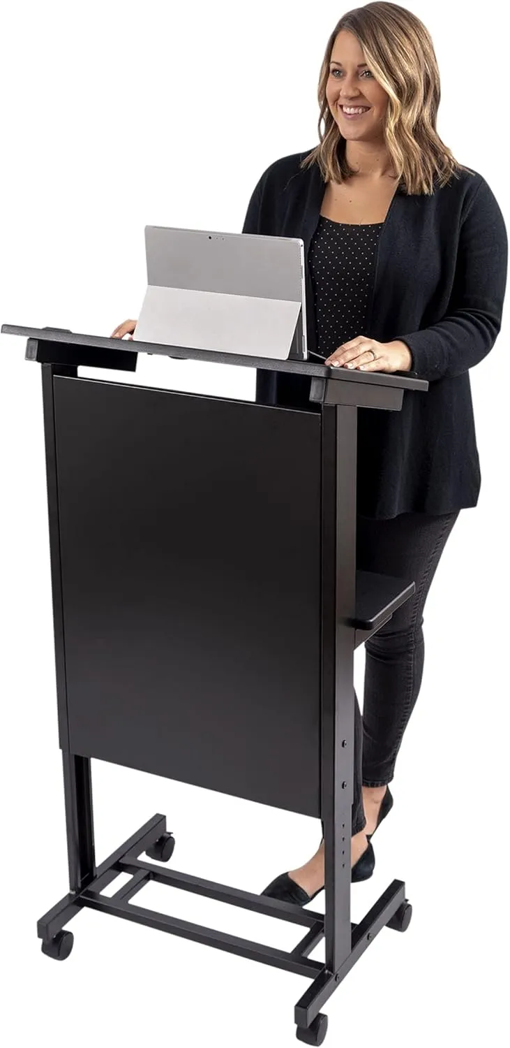 Stand Up Desk Store Mobile Adjustable Height Rolling Lectern Podium with Heavy Duty Steel Frame (Black Frame/Black Shelves, 25.5" Wide)