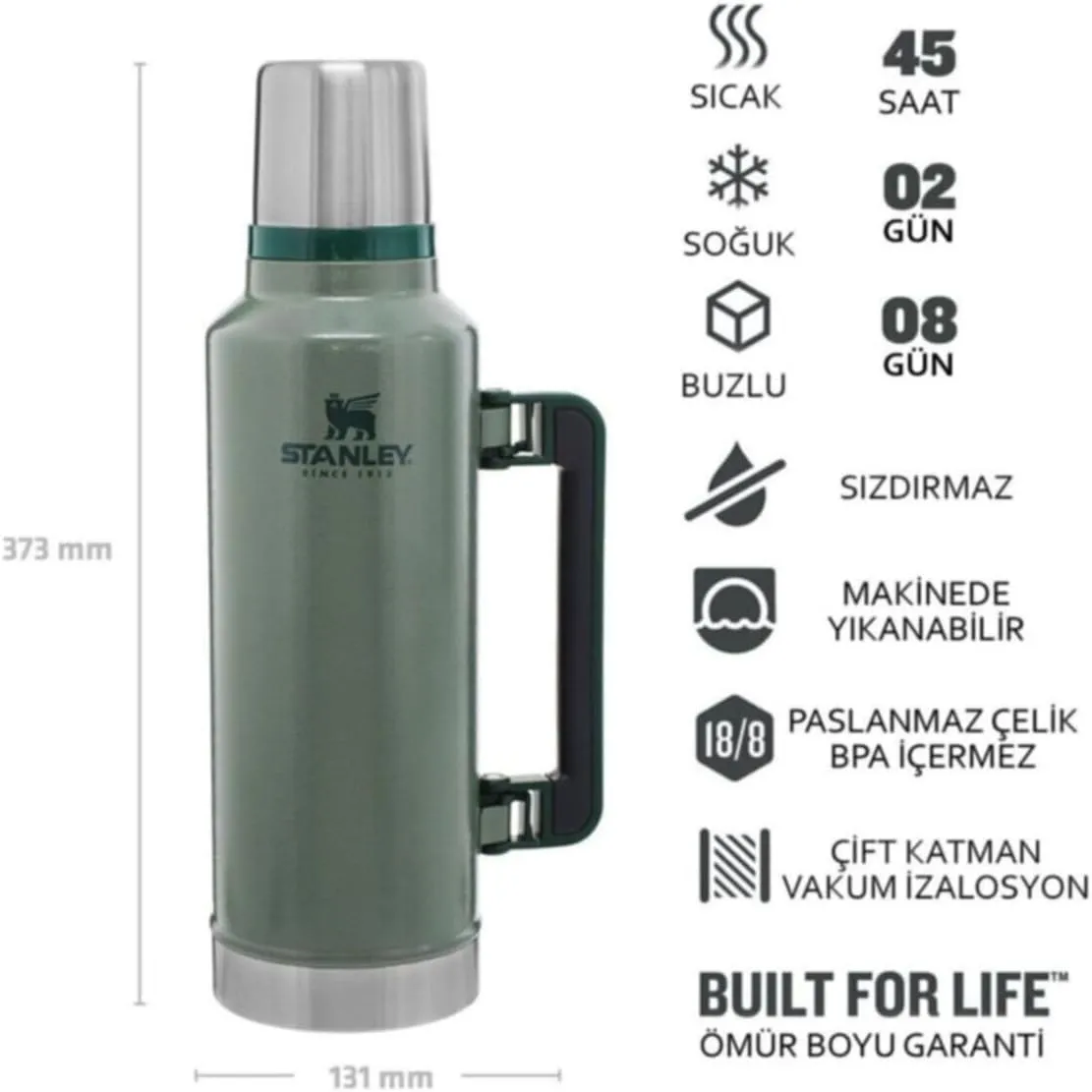 Stanley Classic Vacuum Insulated Wide Mouth Bottle - Hammertone Green - BPA-Free 18/8 Stainless Steel Thermos for Cold & Hot Beverages - 2.0 QT