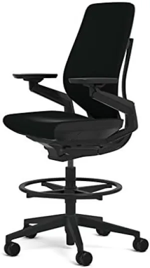 Steelcase Gesture 442 Stool Chair - Black Steelcase Leather, Wrapped Back, Dark on Dark Frame, Polished Aluminum Base