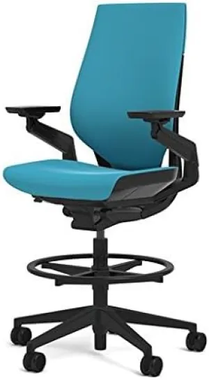 Steelcase Gesture 442 Stool Chair - Cogent: Connect Blue Jay Fabric, Wrapped Back, Dark on Dark Frame, Polished Aluminum Base, Wheels for Hard Flooring