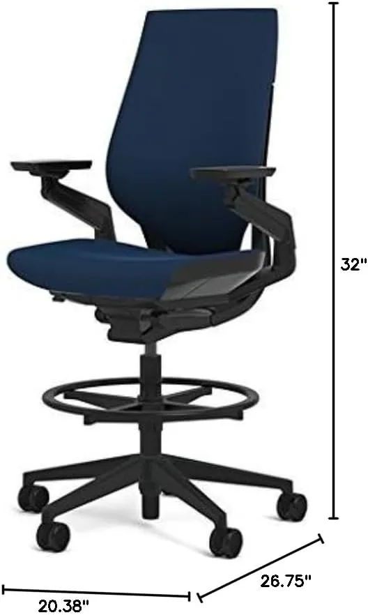 Steelcase Gesture 442 Stool Chair - Cogent: Connect Blueprint Fabric, Shell Back, Dark on Dark Frame, Polished Aluminum Base, Wheels for Hard Flooring