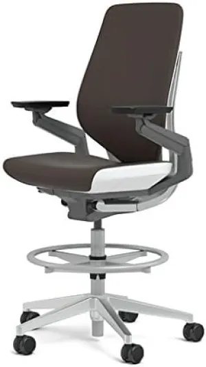 Steelcase Gesture 442 Stool Chair - Espresso Elmosoft Leather, Shell Back, Light on Dark Frame, Polished Aluminum Base, Wheels for Hard Flooring