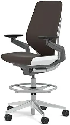 Steelcase Gesture 442 Stool Chair - Espresso Elmosoft Leather, Shell Back, Light on Dark Frame, Polished Aluminum Base, Wheels for Hard Flooring