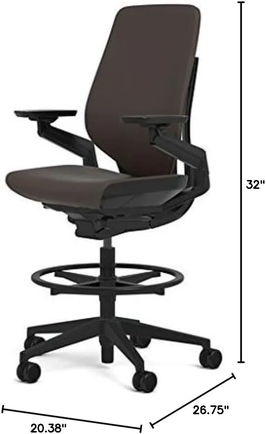 Steelcase Gesture 442 Stool Chair - Espresso Elmosoft Leather, Wrapped Back, Dark on Dark Frame, Polished Aluminum Base