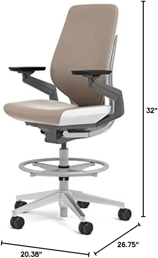 Steelcase Gesture 442 Stool Chair - Mica Elmosoft Leather, Wrapped Back, Light on Light Frame, Polished Aluminum Base, Wheels for Hard Flooring