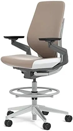 Steelcase Gesture 442 Stool Chair - Mica Elmosoft Leather, Wrapped Back, Light on Light Frame, Polished Aluminum Base, Wheels for Hard Flooring