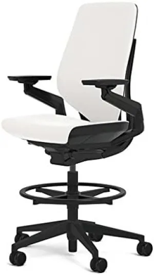 Steelcase Gesture 442 Stool Chair - White Elmosoft Leather, Wrapped Back, Dark on Dark Frame, Polished Aluminum Base
