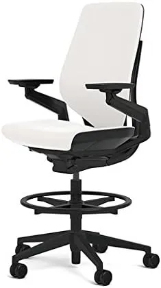 Steelcase Gesture 442 Stool Chair - White Elmosoft Leather, Wrapped Back, Dark on Dark Frame, Polished Aluminum Base