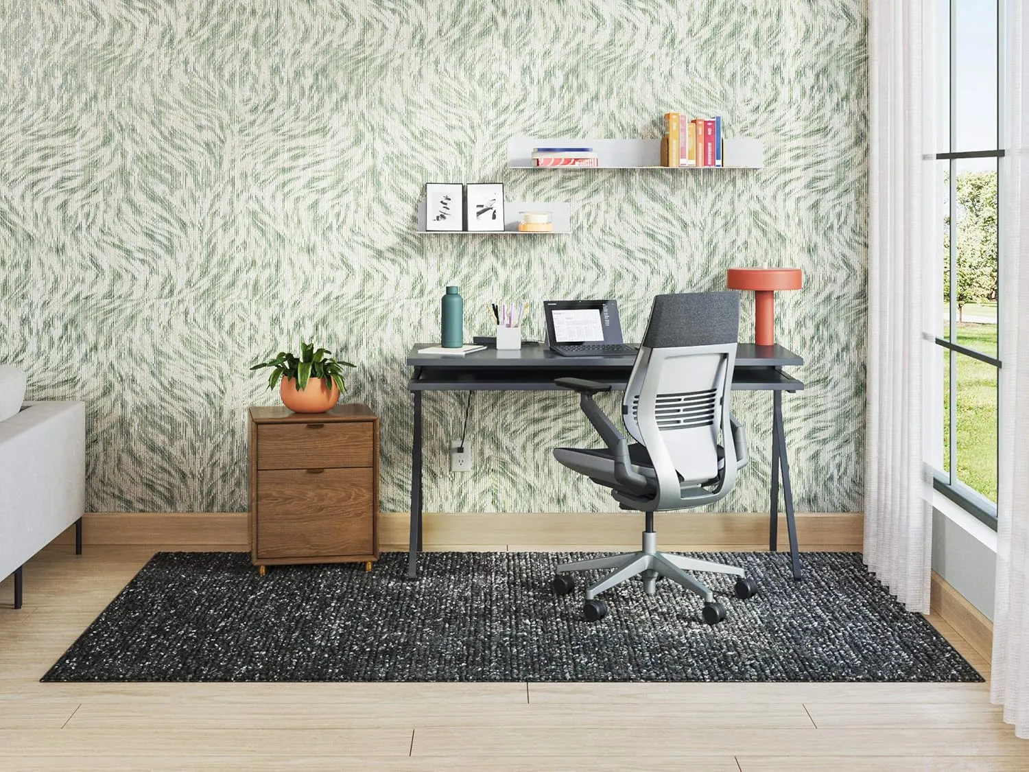 Steelcase Gesture Office Chair - Cogent: Connect Graphite Fabric, High Seat Height, Wrapped Back, Light on Light Frame with Polished Aluminum Base, Lumbar Support, and Hard Floor Casters