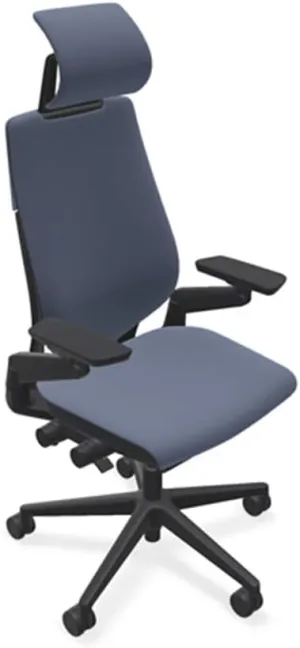 Steelcase Gesture Office Desk Chair with Headrest, Cogent Connect Blueprint Indigo 5S93 Fabric, Low Seat Height, Light on Dark Frame, Lumbar Support, and Hard Floor Casters