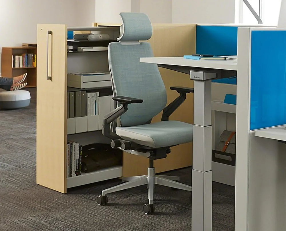 Steelcase Gesture Office Desk Chair with Headrest Plus Lumbar Support Bo Peep Brown Sugar Fabric Low Platinum Metallic Frame (Light/Light) Hard Floor Casters