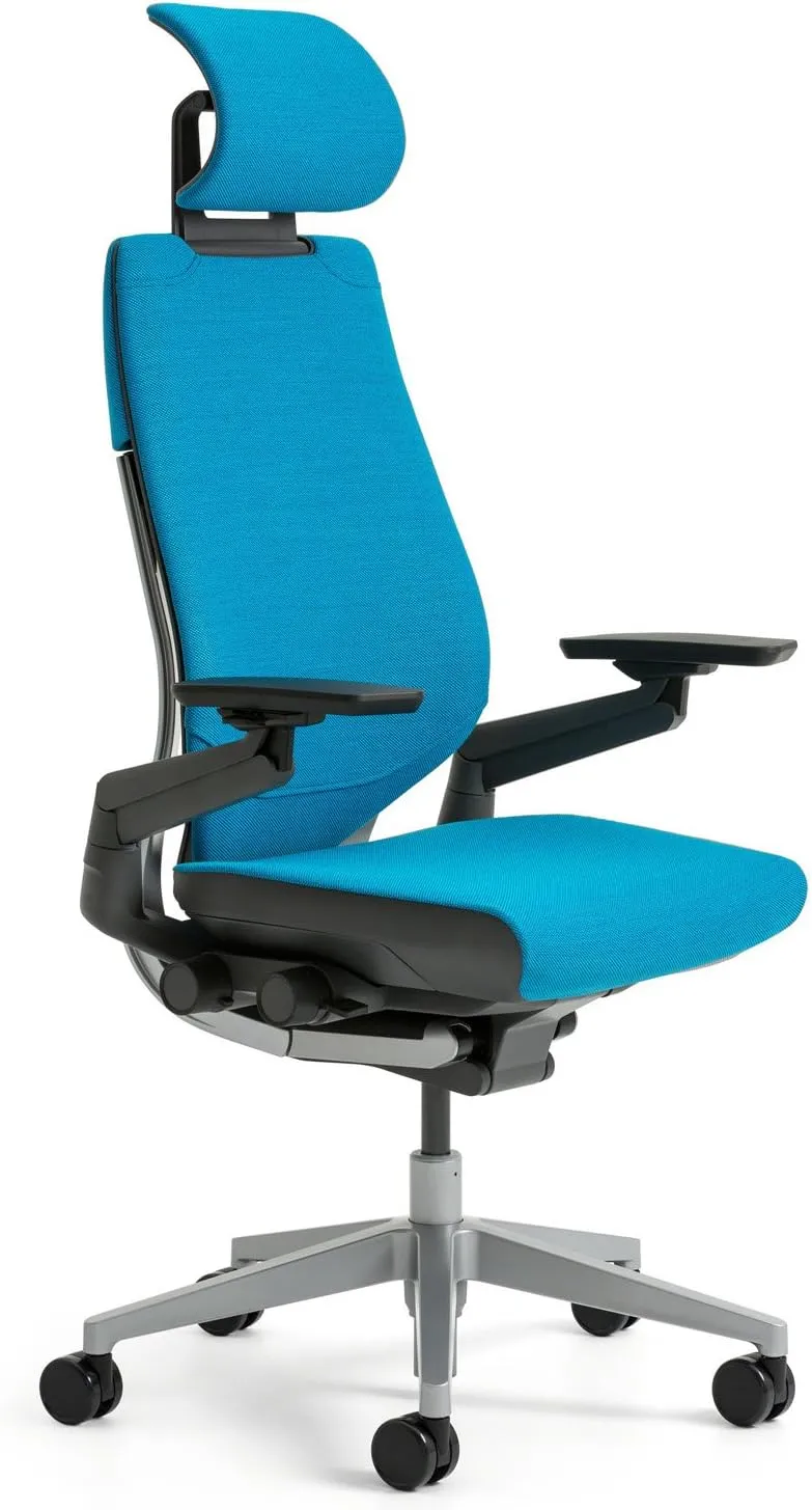 Steelcase Gesture Office Desk Task Chair with Headrest Plus Lumbar Support Cogent Connect Blueprint Fabric Low Platinum Light Frame (Light/Light)
