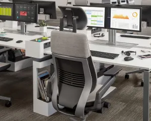 Steelcase Gesture Office Desk Task Chair with Headrest Plus Lumbar Support Cogent Connect Blueprint Fabric Low Platinum Light Frame (Light/Light)