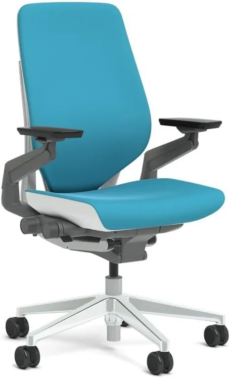 Steelcase Gesture Task Chair: Shell Back - Platinum Metallic Frame with Polished Aluminum Base - Adjustable Lumbar Support - Glides (Blue Jay)