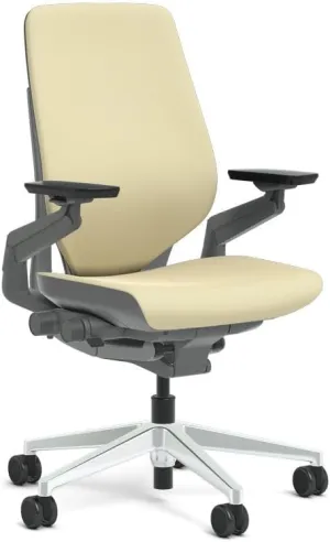 Steelcase Gesture Task Chair: Shell Back - Sterling Dark Frame with Polished Aluminum Base - Adjustable Lumbar Support - Glides (Malt)