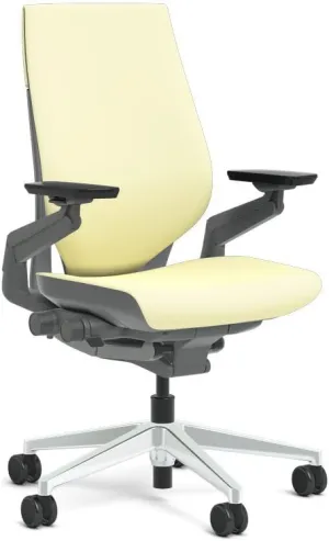 Steelcase Gesture Task Chair: Wrapped Back - Sterling Dark Solid Frame/Polished Aluminum Base/Merle Accent - Adjustable Lumbar Support - Roll Control Hard Floor Casters