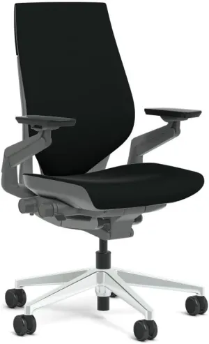 Steelcase Gesture Task Chair: Wrapped Back - Sterling Dark Solid Frame/Polished Aluminum Base/Merle Accent - Adjustable Lumbar Support - Roll Control Hard Floor Casters