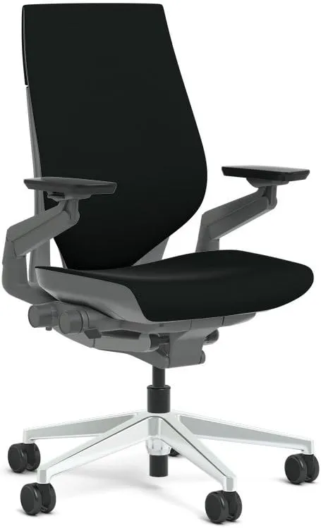 Steelcase Gesture Task Chair: Wrapped Back - Sterling Dark Solid Frame/Polished Aluminum Base/Merle Accent - Adjustable Lumbar Support - Roll Control Hard Floor Casters